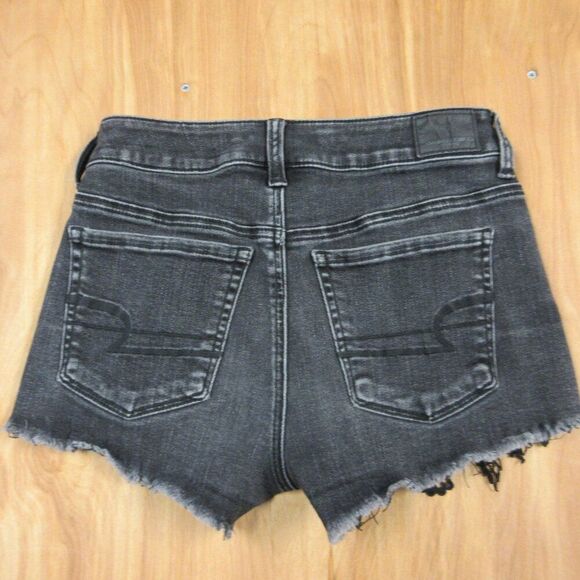 AMERICAN EAGLE Hi-Rise Shortie Womens Size 0 Black Lace Ripped Denim Jean Shorts - Picture 9 of 14
